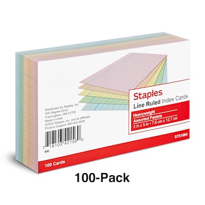 Staples 3 x 5 Index Cards, Lined, Assorted Colors, 100/Pack (TR51004)