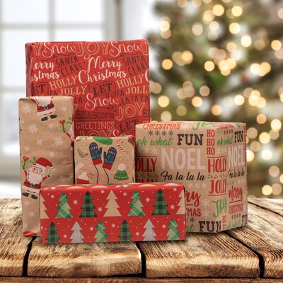 JAM PAPER Assorted Gift Wrap, Christmas Kraft Wrapping Paper, 125 Sq Ft  Total, Kids Kraft Christmas