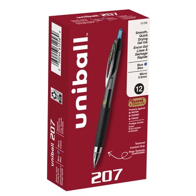 uni-ball 207 Retractable Gel Pens, Micro Point, 0.5mm, Blue Ink, Dozen (61256)