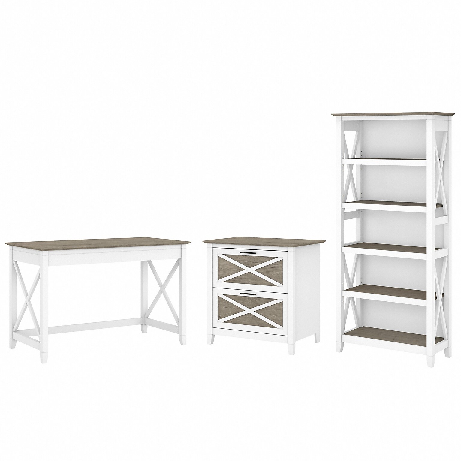 Bush Furniture Key West 48 Writing Desk with File Cabinet and 5-Shelf Bookcase, Shiplap Gray/Pure White (KWS004G2W)