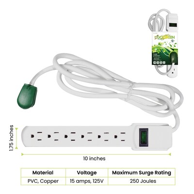 GoGreen Power 6 Outlet Surge Protector, 6 Cord, White (GG-16106MS)