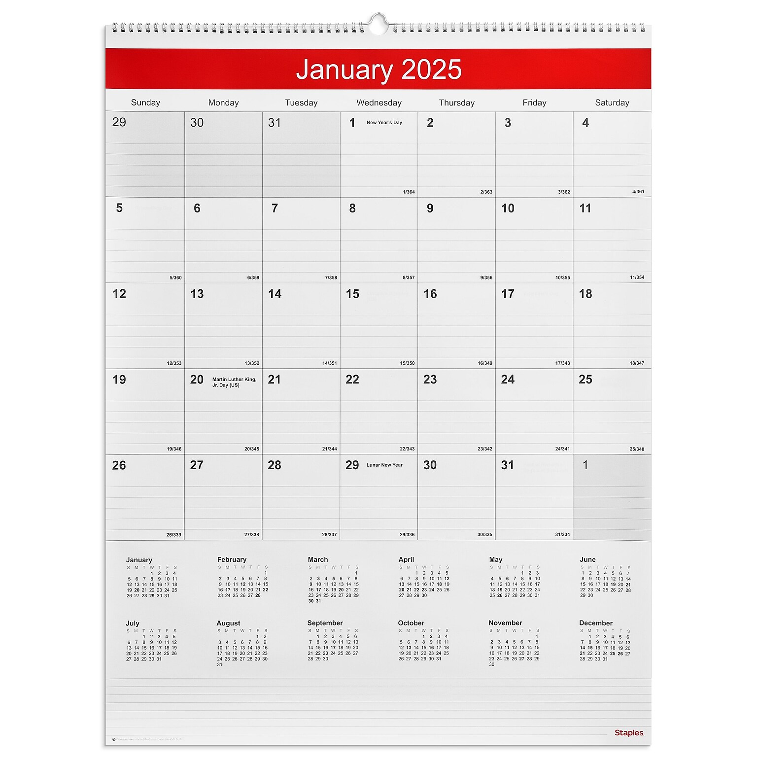 2025 Staples 22 x 29 Wall Calendar, White/Red (ST53914-25)