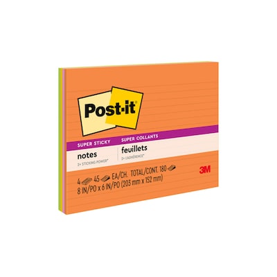 Post-it Super Sticky Notes, 8 x 6, Energy Boost Collection, Lined, 45 Sheet/Pad, 4 Pads/Pack (6845
