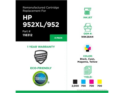 Quill Remanufactured Black/Cyan/Magenta/Yellow High Yield Ink Cartridge Replacements for HP 952/952XL, 4/Pack