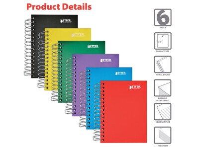 Better Office 1-Subject Notebooks, 4" x 5.5", College Ruled, 200 Sheets, 6/Pack (25906-6PK)