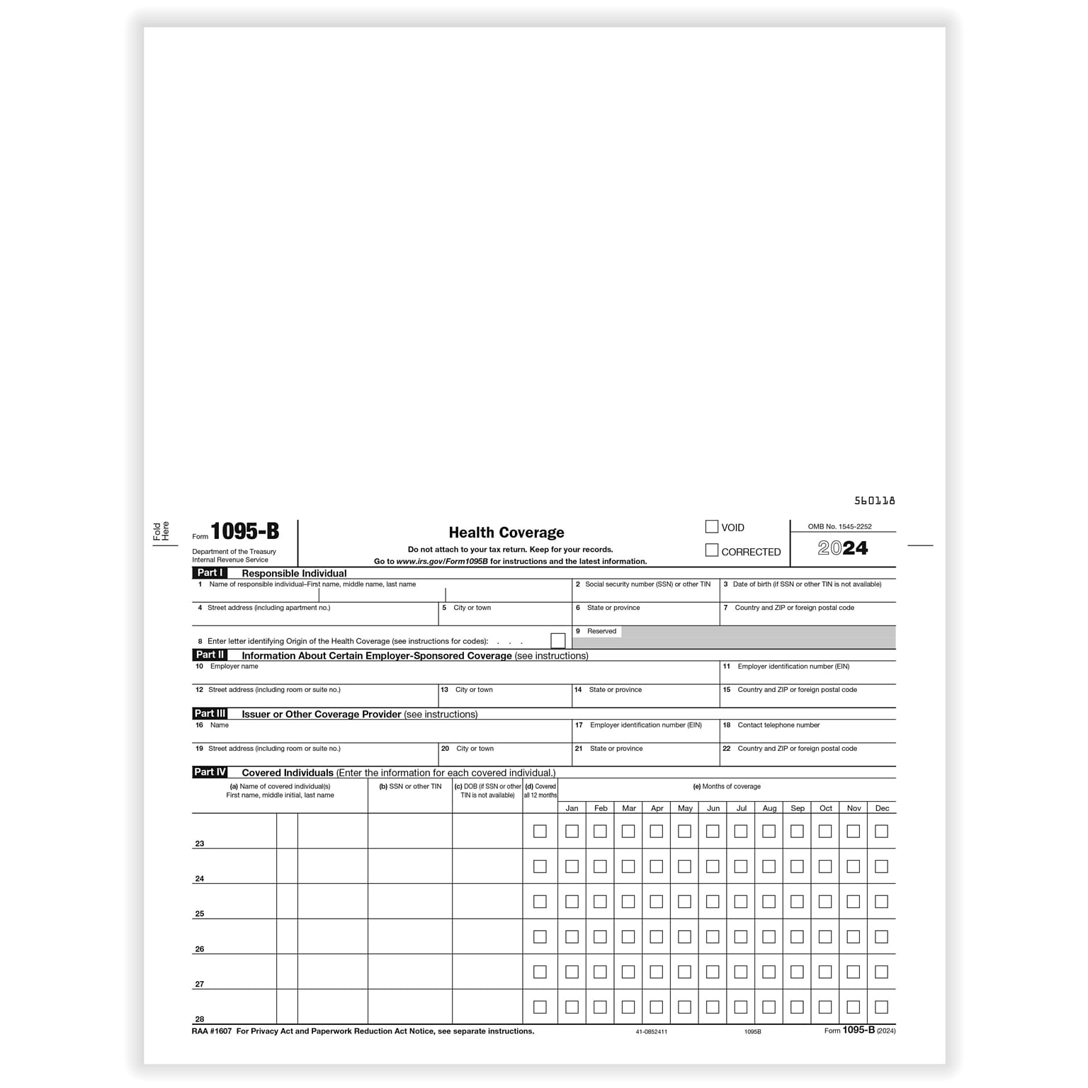 ComplyRight 2024 1095-B Tax Form, 1-Part, White/Black, 50/Pack (1095B50)