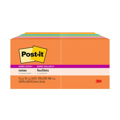 Post-it Super Sticky Notes, 3 x 3, Energy Boost Collection, 90 Sheet/Pad, 12 Pads/Pack (65412SSUC)