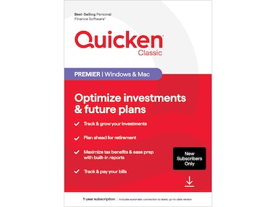 Quicken Classic Premier for 1 User, Windows/Mac/Android/iOS, Download (170477)
