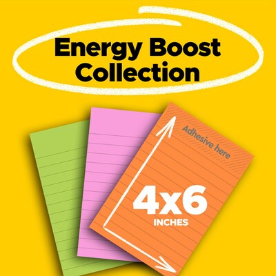 Post-it Super Sticky Notes, 4 x 6, Energy Boost Collection, Lined, 90 Sheet/Pad, 3 Pads/Pack (6603