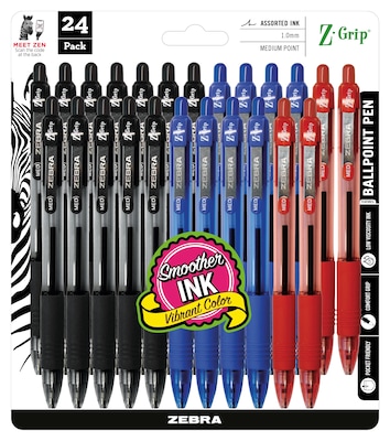Zebra Z-Grip Retractable Ballpoint Pen, Medium Point, 1.0mm, Assorted Ink, 24 Pack (12224)