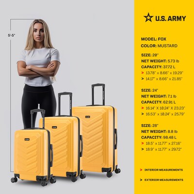 U.S. Army FOX 3-Piece Hardside Spinner Carry-On Luggage Set, TSA Checkpoint Friendly, Mustard (USLFOXSML-MUS)