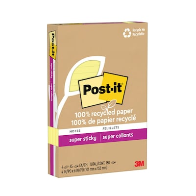 Post-it Recycled Super Sticky Notes, 4 x 6, Canary Collection, 45 Sheet/Pad, 4 Pads/Pack (4621R-4S