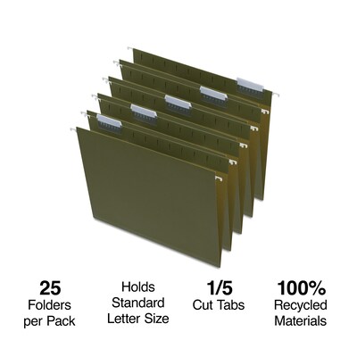 Quill Brand® 100% Recycled Hanging File Folders; 1/5-Cut, Letter Size,  Green, 25/Box (7Q5215)