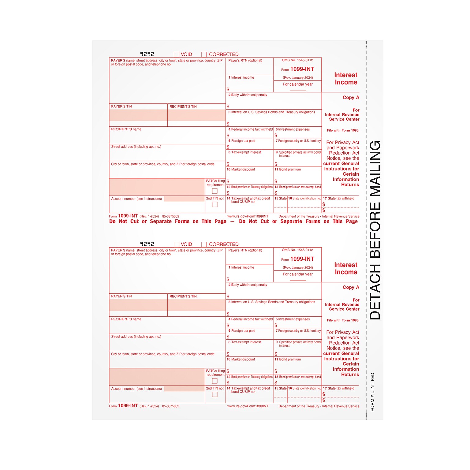 Adams 2024 1099-INT Tax Form, Federal Copy A, 50/Pack (LINTFED-S)