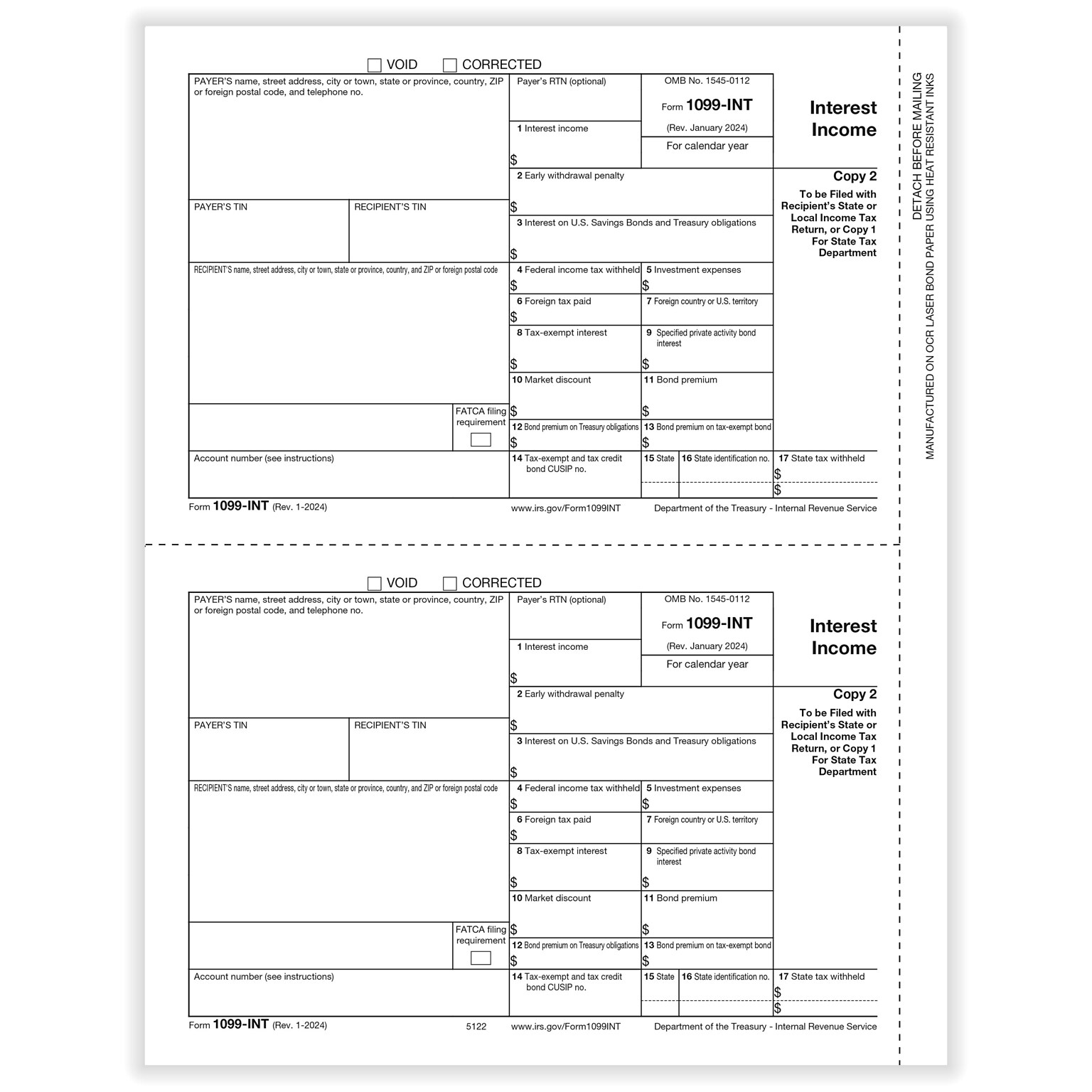 ComplyRight 2024 1099-INT Tax Form, 1-Part, 2-Up, Copy C, 50/Pack (512250)