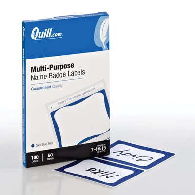Quill Brand Self Adhesive Name Badges, 2-1/2 x 3-1/2, White/Blue, 100 Labels/Pack (Compare to Aver