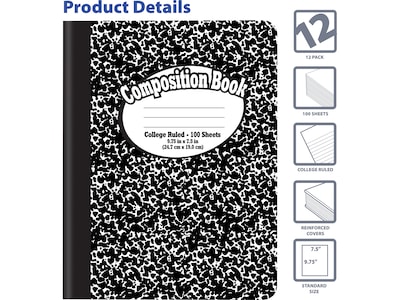 Better Office 1-Subject Composition Notebooks, 7.5" x 9.75", College Ruled, 100 Sheets, Black, 12/Pack (25312-12PK)