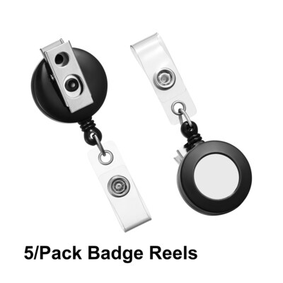 Staples Badge Reels, 33 Retractable Cord Length, Metal, Black, 5/Pack (37860)