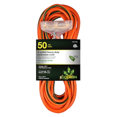 GoGreen Power 50 Indoor/Outdoor Extension Cord, 3-Outlet, 14 AWG, Orange (GG-15150)