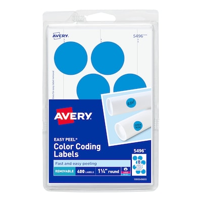 Avery Easy Peel Laser/Inkjet Color Coding Labels, 1 1/4" Dia, Light Blue, 8 Labels/Sheet, 50 Sheets/Pack (5496)