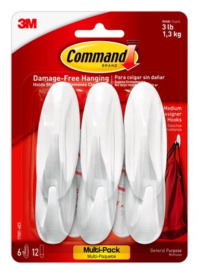 Command Medium Decorative Hooks, 3 lb., White, 6/Pack (17081-6ES)