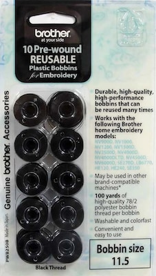 Brother Pre-Wound Embroidery Bobbins, Black, 10/Pack (PWB250B)