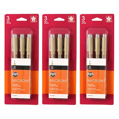 Sakura Pigma Micron Pen, Fineliner, Black Ink, 3/Bundle (SAK50023-3)