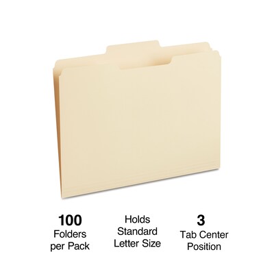 Staples 30% Recycled File Folders, 1/3-Cut Tab, Letter Size, Manila, 100/Box (ST116780/116780)