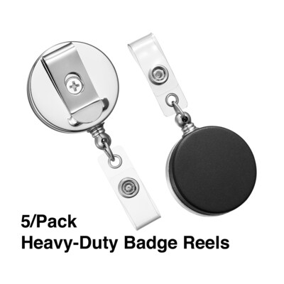 Staples Heavy-Duty Badge Reels, 30" Retractable Cord Length, Metal, Black, 5/Pack (37870)