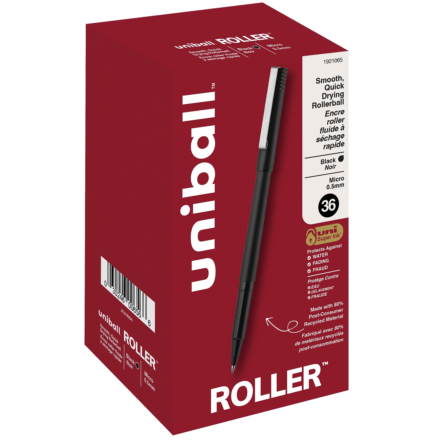 uni-ball Roller Rollerball Pens, Micro Point, 0.5mm, Black Ink, 36/Pack (1921065)