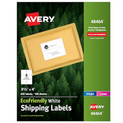 Avery EcoFriendly Laser/Inkjet Shipping Labels, 3-1/3 x 4, White, 6 Labels/Sheet, 100 Sheets/Box (