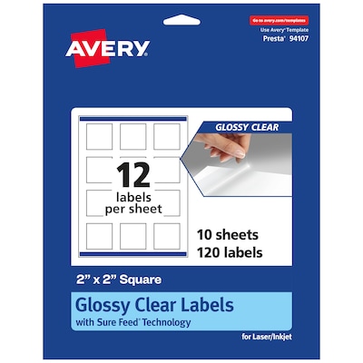 Avery Laser/Inkjet Square Glossy Labels, 2 x 2, Clear, 120 Labels/Pack (94107)