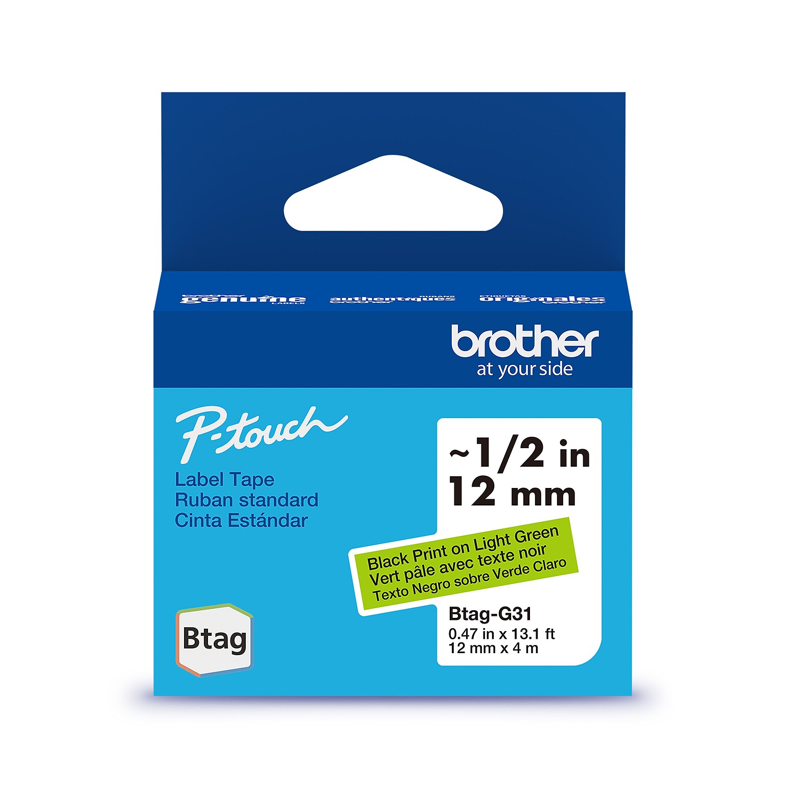 Brother P-touch Btag BTAGG31 Label Tape, 1/2 x 13.1 (12mm x 4m), Black on Light Green (BTAGG31)