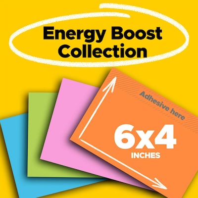 Post-it Super Sticky Notes, 4" x 6", Energy Boost Collection, 45 Sheet/Pad, 8 Pads/Pack (6445SSP)