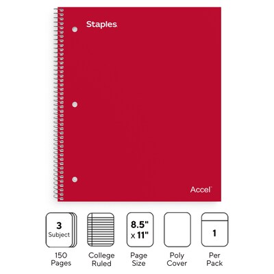 Staples Premium 3-Subject Notebook, 8.5" x 11", College Ruled, 150 Sheets, Red (ST58315)