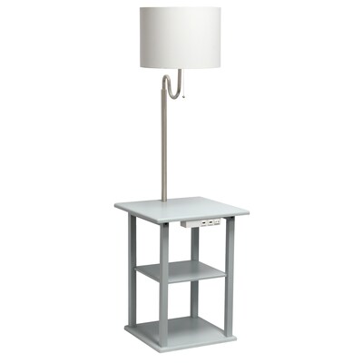 Simple Designs 57 Modern 2 Tier End Table Floor Lamp Combination with White Drum Fabric Shade, Gray