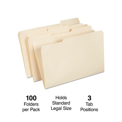 Staples® 30% Recycled File Folders, 1/3-Cut Tab, Legal, Manilla, 100/Box (ST56680-CC)