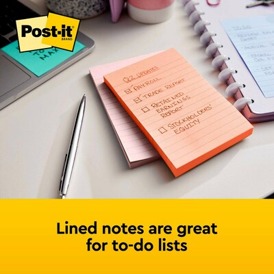 Post-it Sticky Notes, 4 x 6 in., 5 Pads, 100 Sheets/Pad, Lined, The Original Post-it Note, Canary Ye