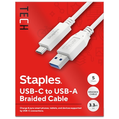 Staples TECH USB-C to USB-A Charging Cable, 3.3 ft., White (ST62316)