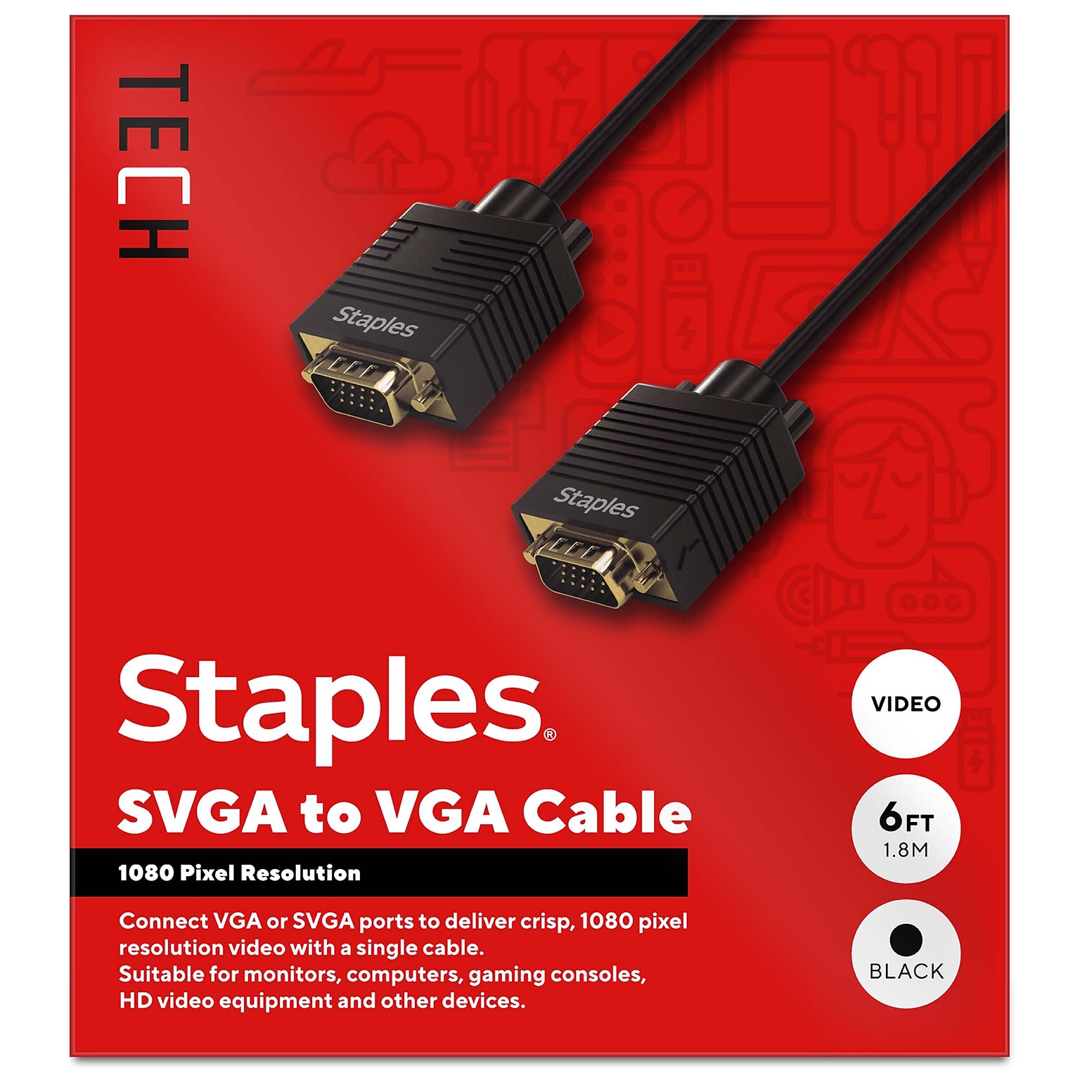 Staples TECH 6 ft. SVGA to VGA Audio/Video Cable, Male to Male, Black (ST62470)