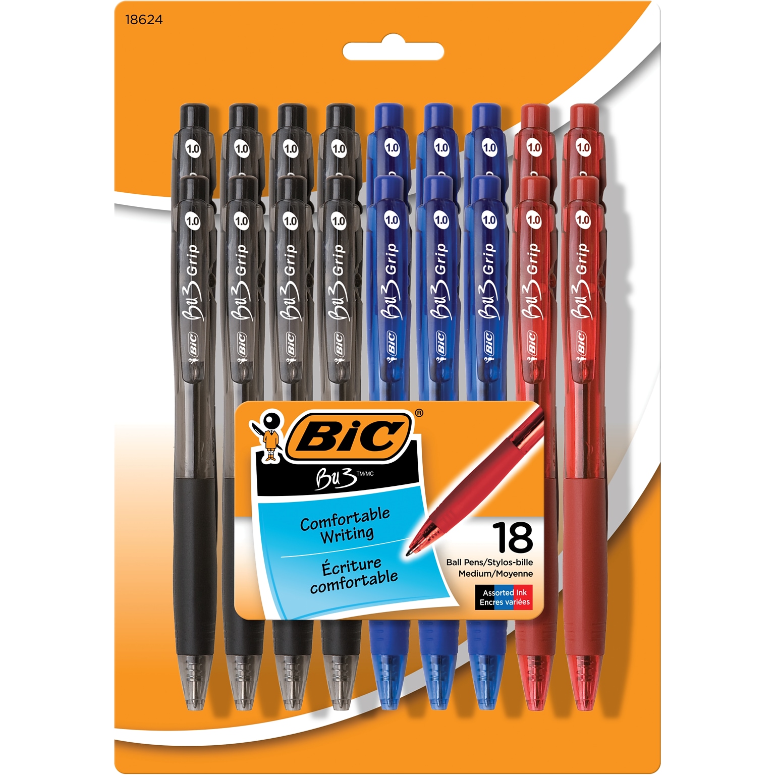 BIC BU3 Retractable Ballpoint Pens, Medium Point, Assorted Colors Ink, 18/Pack (BU3P18-AST)