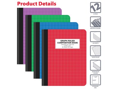 Better Office 1-Subject Composition Notebooks, 7.5" x 9.75", Graph Ruled, 80 Sheets, 12/Pack (25612-12PK)
