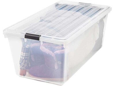 Iris Stackable Plastic Storage Box, 13" x 33.5" x 17.8", 91 Qt., Clear, 4/Pack (100201)