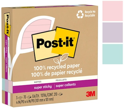 Post-it Recycled Super Sticky Notes, 4 x 4, Wanderlust Pastels Collection, Lined, 70 Sheet/Pad, 3