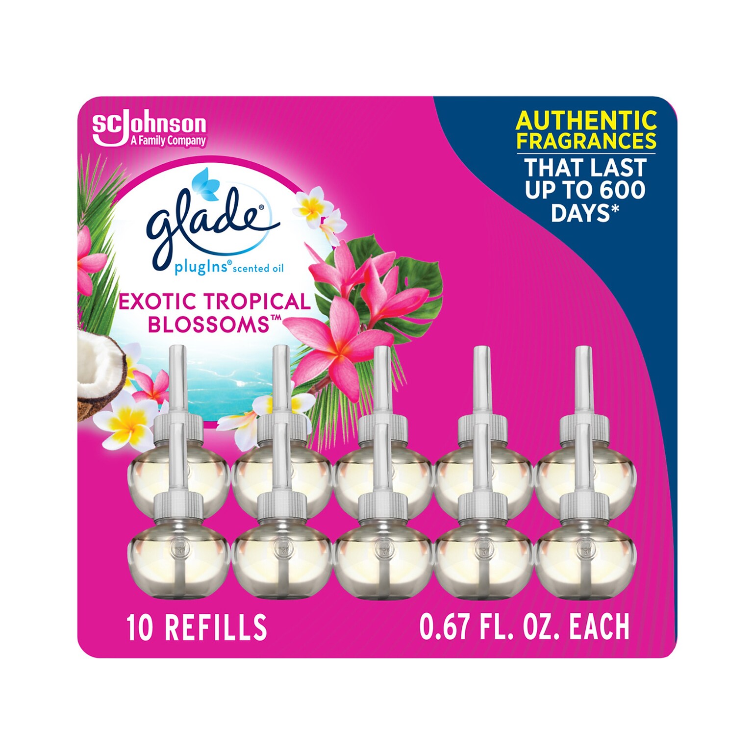 Glade PlugIns Scented Oil Air Freshener Refill, Exotic Tropical Blossoms, 0.67 Fl. Oz., 10/Pack (353730)