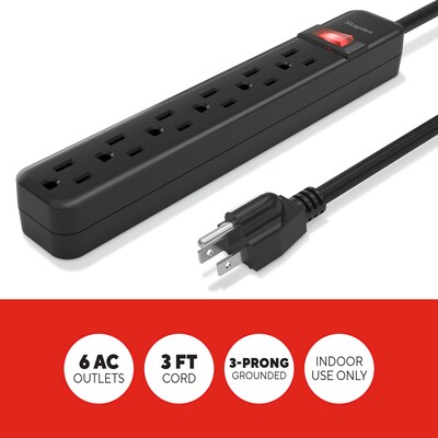 Staples TECH 6-Outlet Power Strip, 3 Cord, Black (22148)