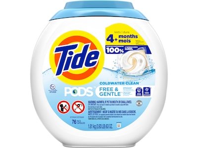 Tide PODS Free & Gentle HE Laundry Detergent Capsule, Coldwater Clean, 63 Oz., 76/Pack (09488)
