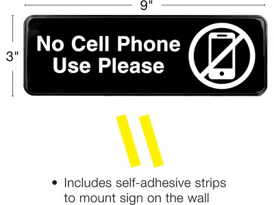 Excello Global Products No Cell Phone Use Please Indoor/Outdoor Wall Sign, 9 x 3, Black/White, 3/P