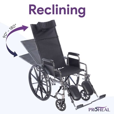 ProHeal Chariot Reclining 18 Wheelchair, Headrest Support w/ Removable Desk Arms, 300 lb. Capacity,