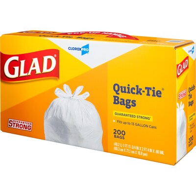 Glad Quick-Tie Tall Kitchen Trash Bags, 13 Gallon, 200/Box (15931)